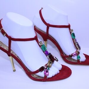 NWOT BCBGeneration Red Strappy Heels with Colorful Gem Embellishments